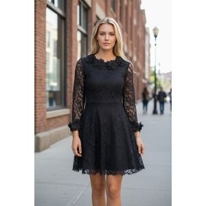 Milky Tea Women Black Lace Skater Mini Dress Vintage Applique Neckline Size XXS